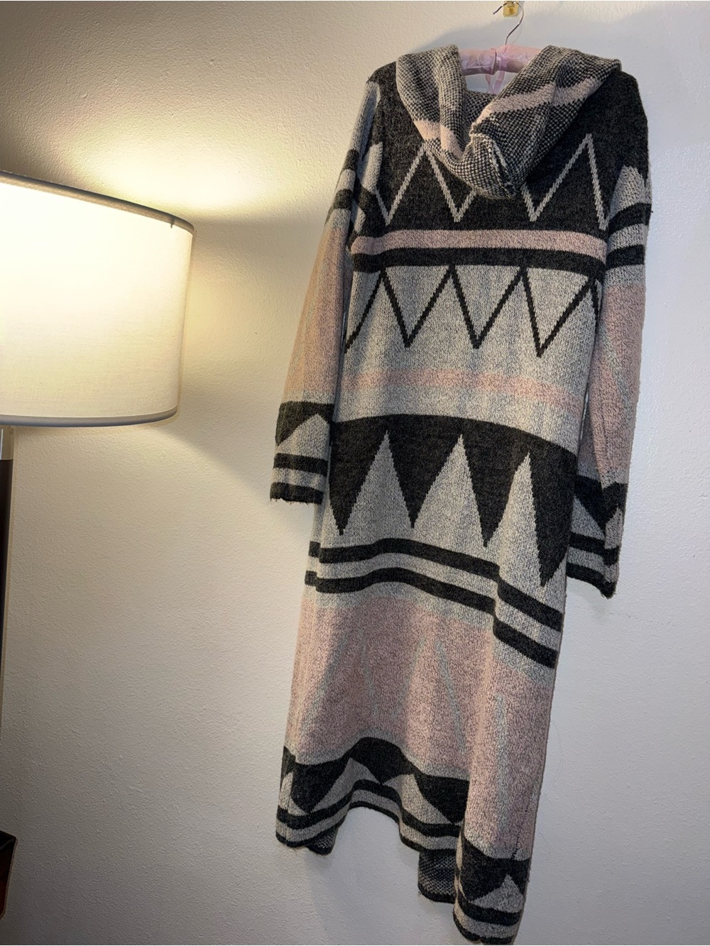 Sioni Long Hooded Aztec Knit Cardigan - Black, Cream, Pink - Picture 5 of 5